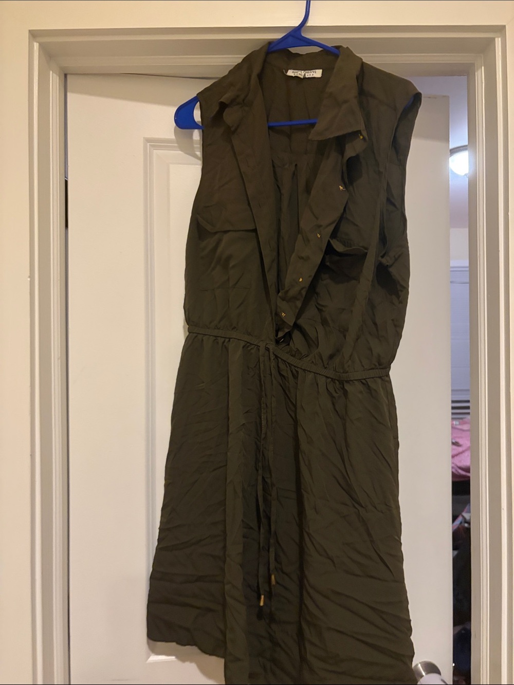 Sleeveless Olive Green Drawstring Shirt Dress